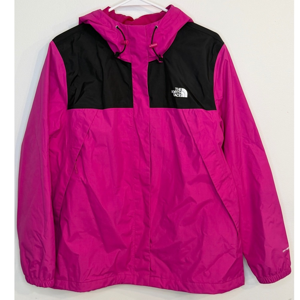 The North Face Womens Antora Rain Jacket XL Pink Black Hooded Windbreaker Shell